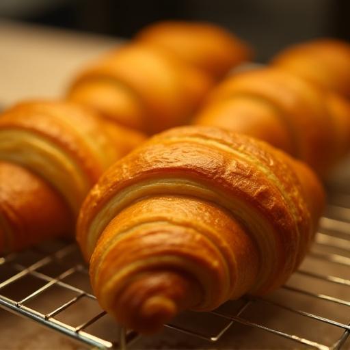 Freshly baked croissants cooling on a wire rack.